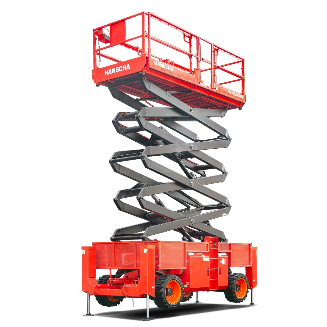 Nacelle élévatrice à ciseaux tout terrain.