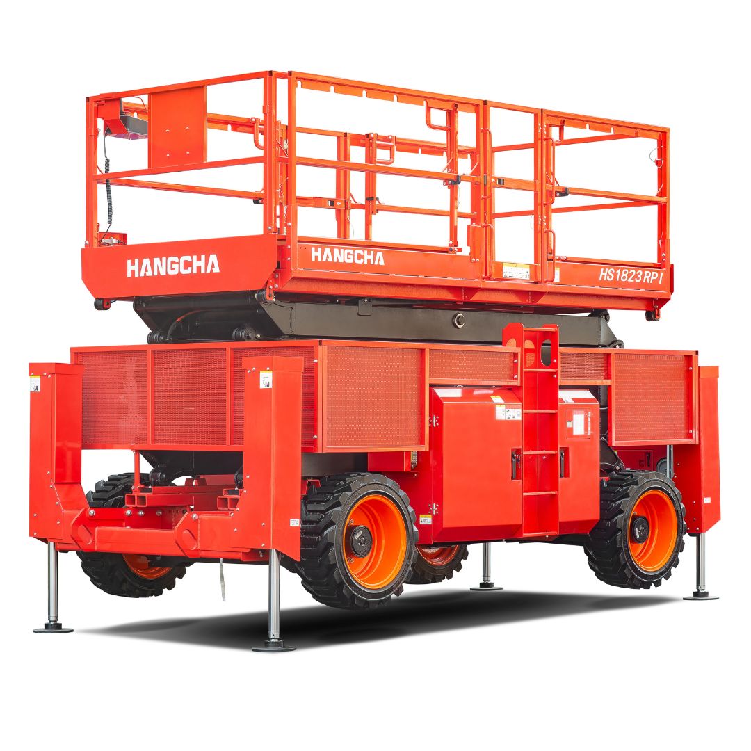 Nacelle élévatrice à ciseaux tout terrain.